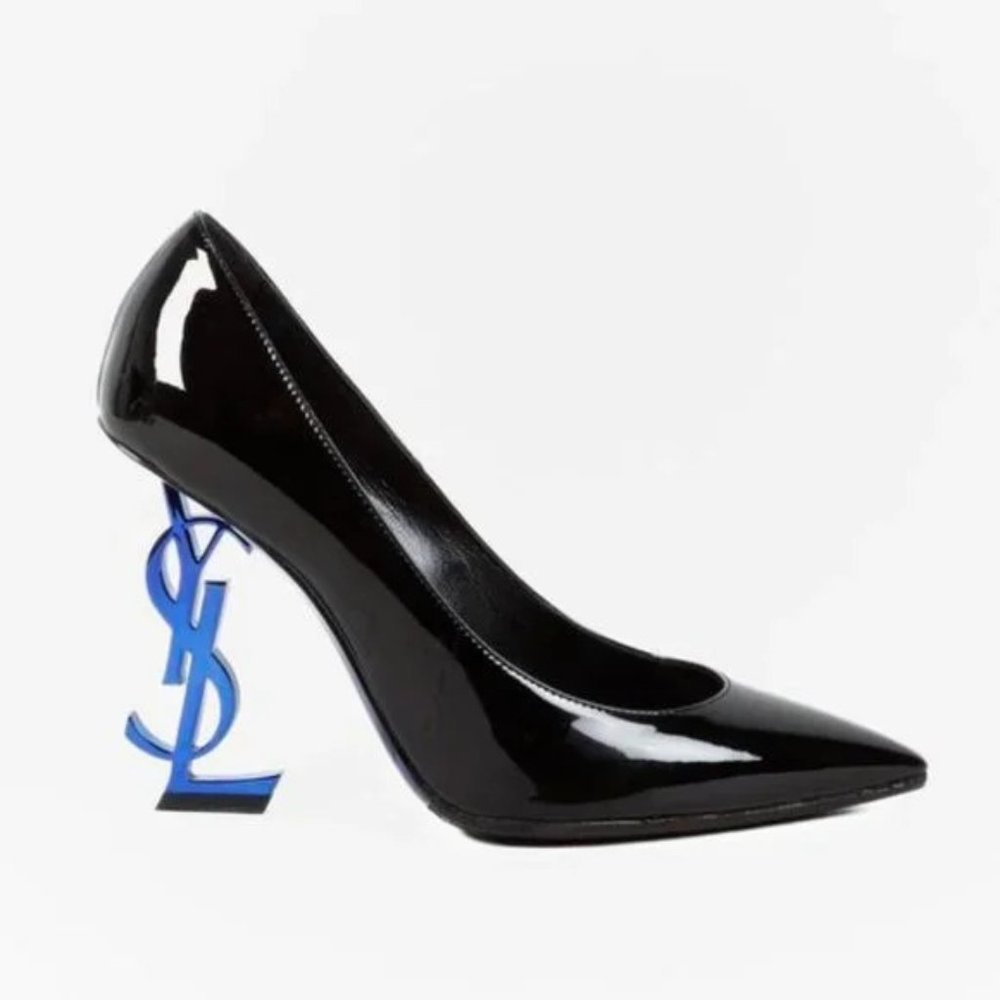 Saint Laurent Black Patent Opyum 110 Electric Blue Pumps